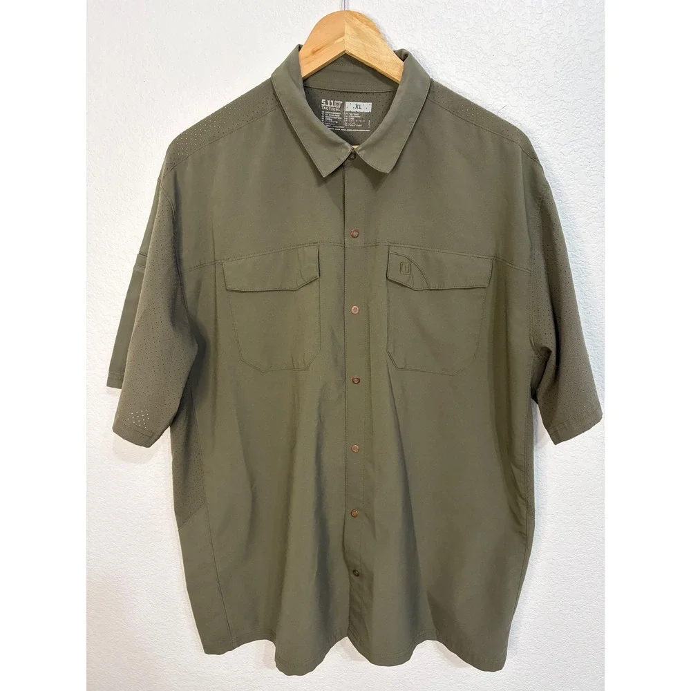 5.11 Tactical Mens XL Olive Green Perforated Vent Short Sleeve Button Up Shirt - Picture 2 of 5